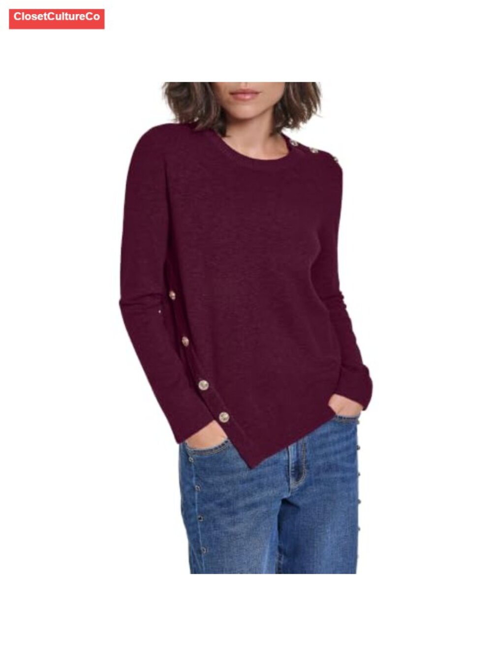 Karl Lagerfeld Asymmetrical Hem Crew Neck Pullover Sweater